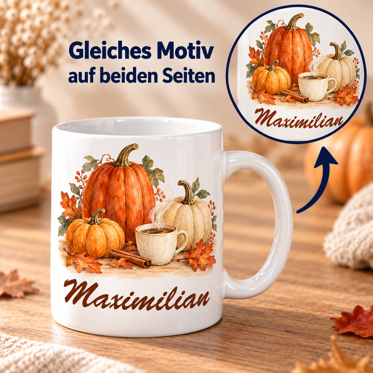Beidseitiger Druck: weiße personalisierte Herbst-Tasse mit Motiv Kürbistrio mit Zimtduft und Beispielname Maximilian