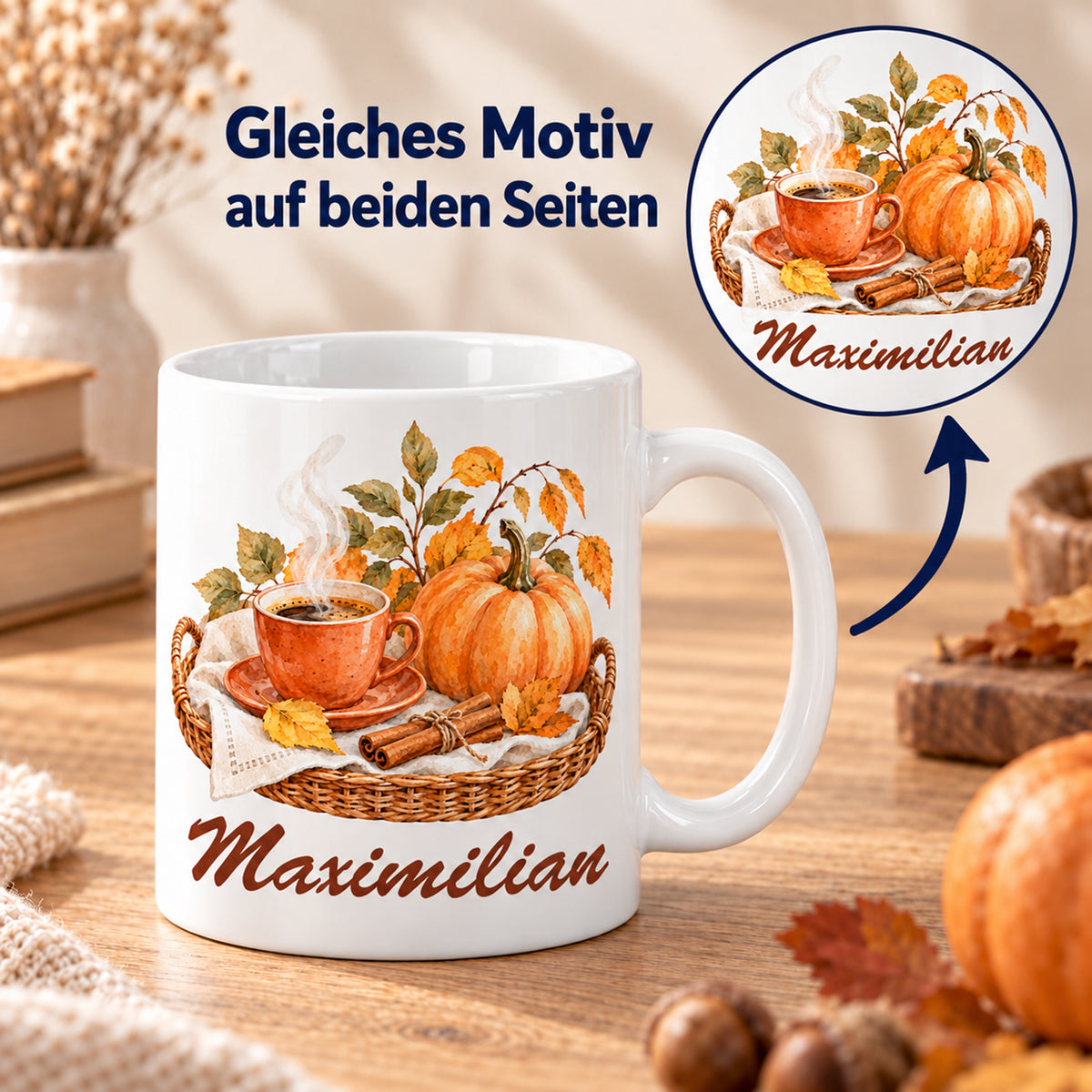 Beidseitiger Druck: weiße personalisierte Herbst-Tasse mit Motiv Warmer Herbst auf dem Tablett und Beispielname Maximilian