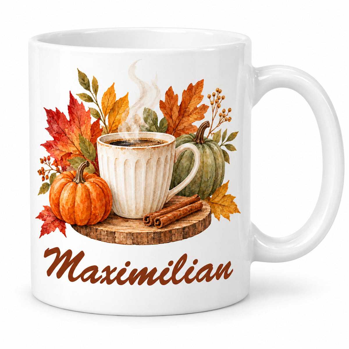 Hauptbild: weiße personalisierte Herbst-Tasse mit Motiv Blätterzauber und Kaffeedampf und Beispielname Maximilian