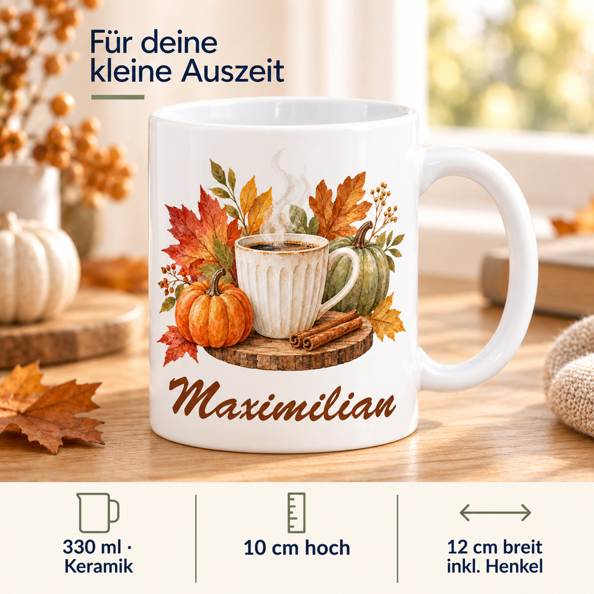 Eigenschaften: weiße personalisierte Herbst-Tasse mit Motiv Blätterzauber und Kaffeedampf und Beispielname Maximilian