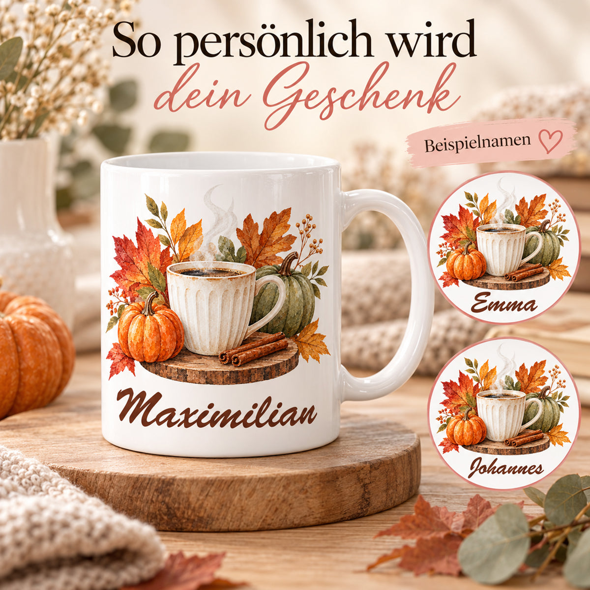 Personalisierung: weiße personalisierte Herbst-Tasse mit Motiv Blätterzauber und Kaffeedampf und gekennzeichneten Beispielnamen