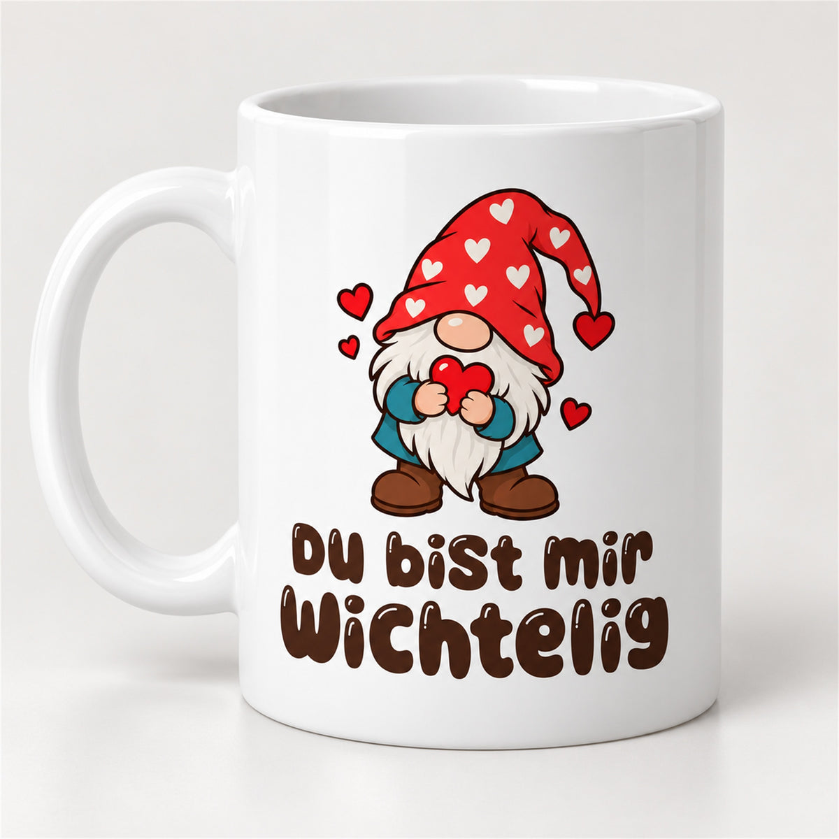 Weiße Wichteltasse mit dem Spruch „Du bist mir wichtelig“ – Ansicht 2