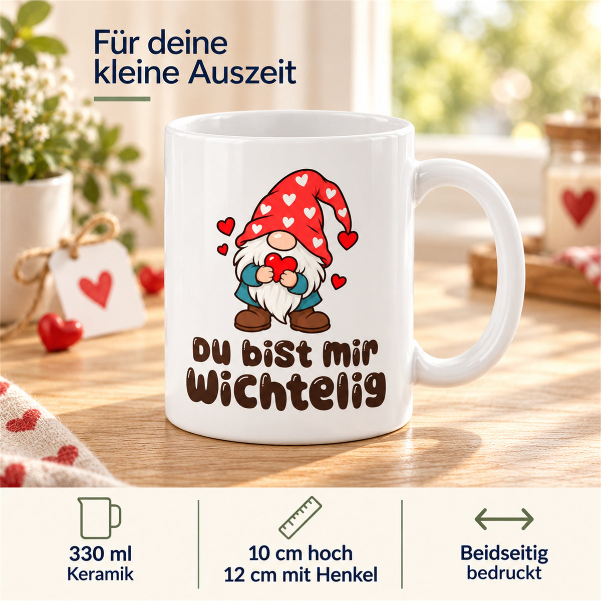 Weiße Wichteltasse mit dem Spruch „Du bist mir wichtelig“ – Ansicht 4