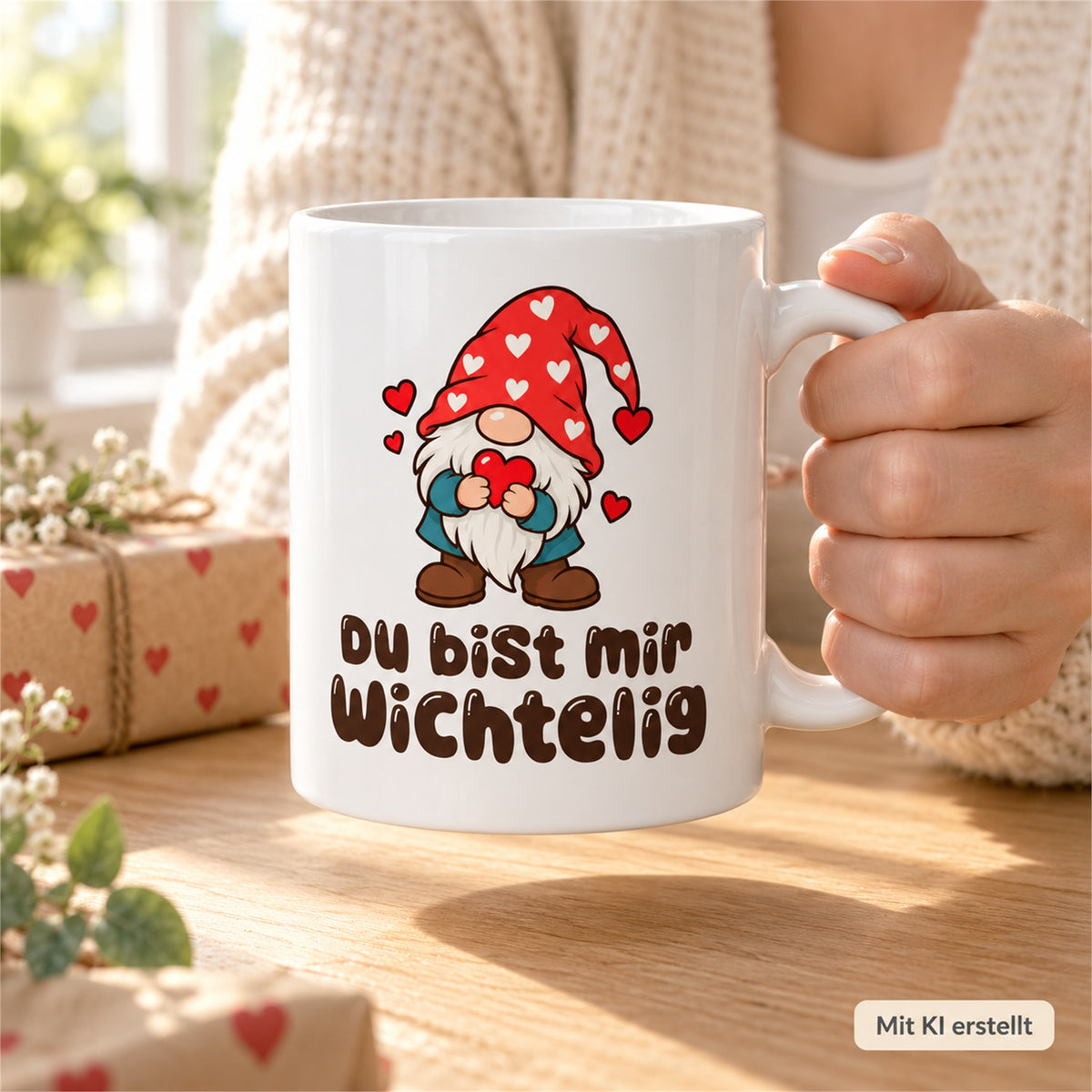 Weiße Wichteltasse mit dem Spruch „Du bist mir wichtelig“ – Ansicht 7