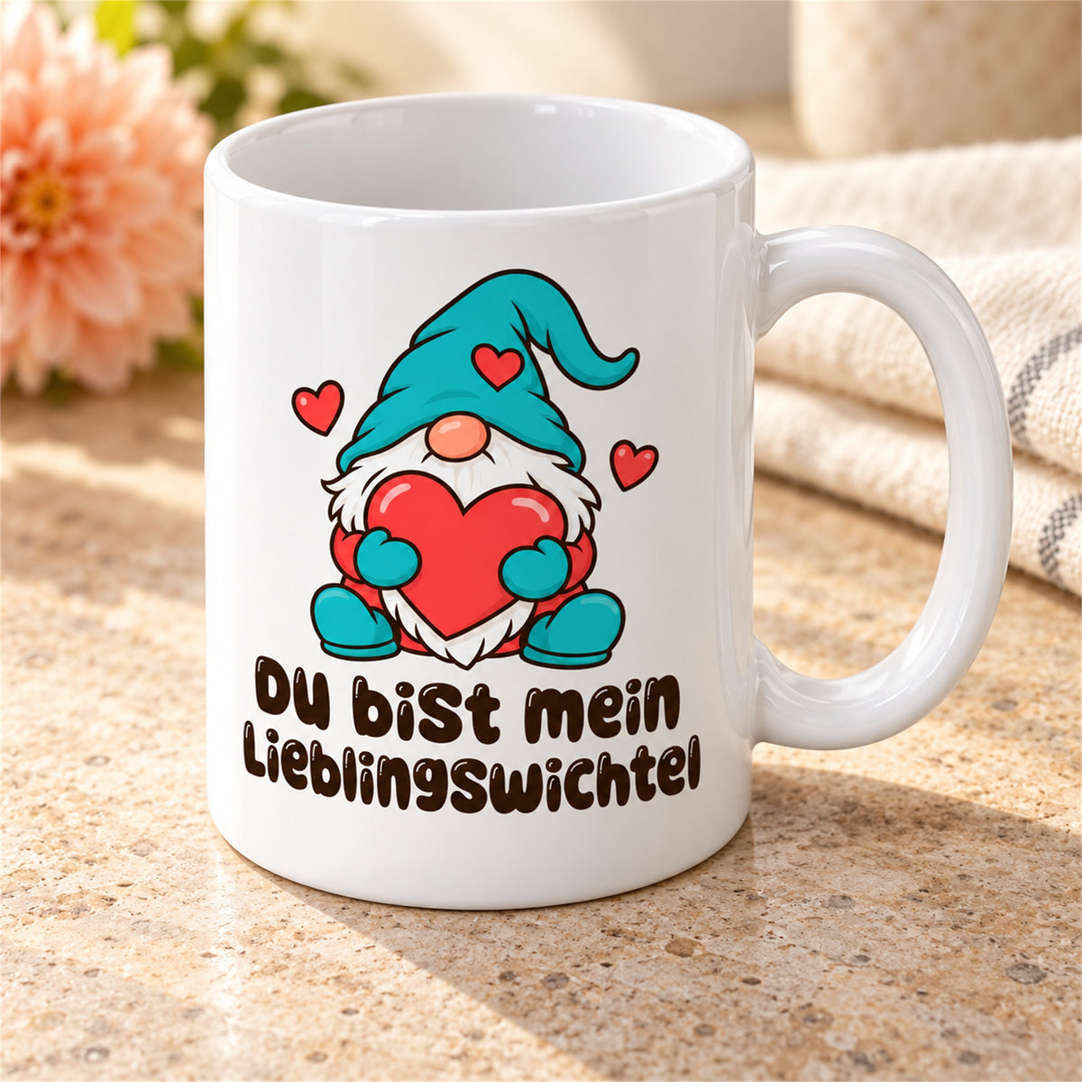 Weiße Wichteltasse mit dem Spruch „Du bist mein Lieblingswichtel“ – Ansicht 3