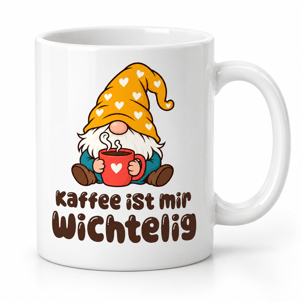 Weiße Wichteltasse mit dem Spruch „Kaffee ist mir wichtelig“ – Ansicht 1