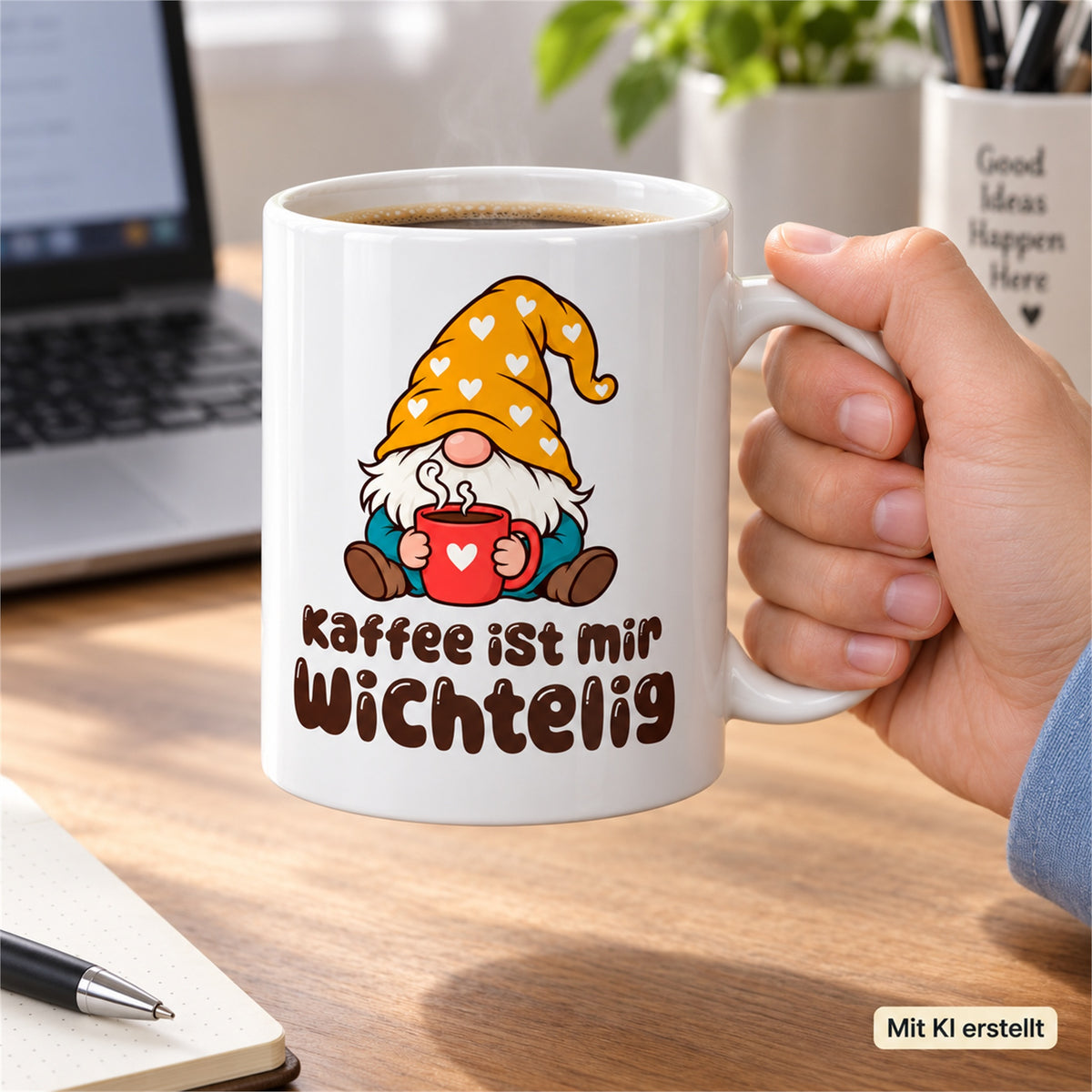 Weiße Wichteltasse mit dem Spruch „Kaffee ist mir wichtelig“ – Ansicht 7