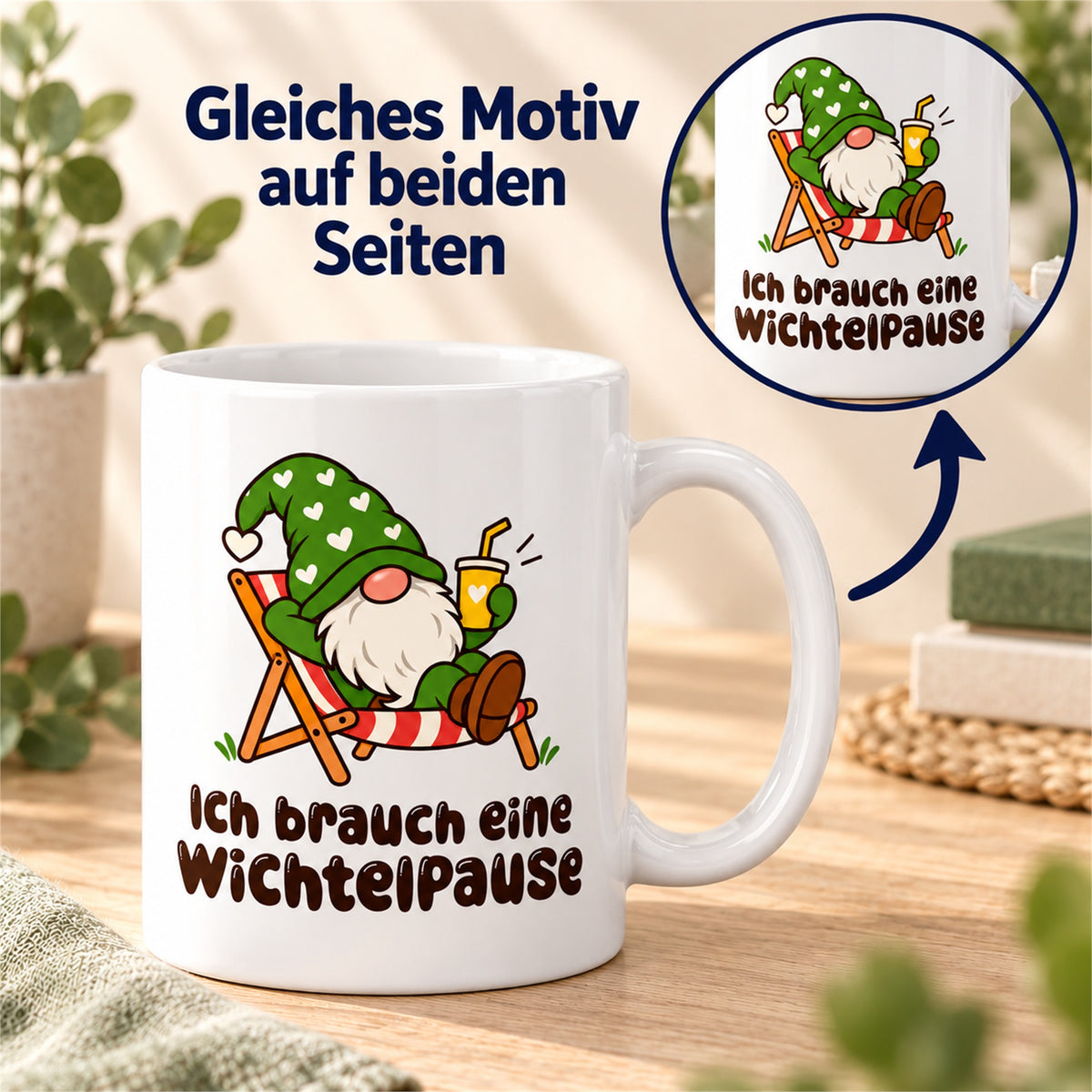Weiße Wichteltasse mit dem Spruch „Ich brauch eine Wichtelpause“ – Ansicht 6