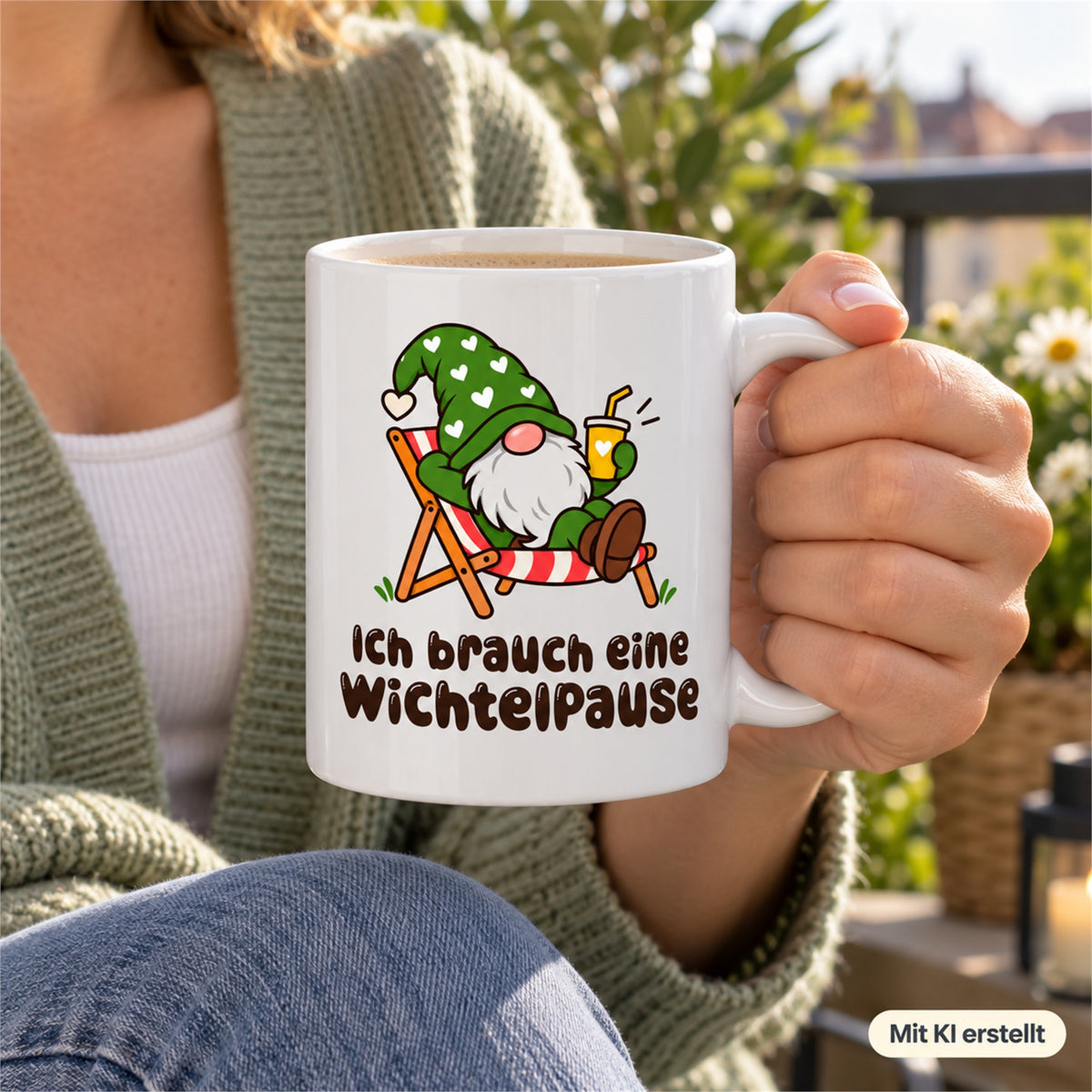 Weiße Wichteltasse mit dem Spruch „Ich brauch eine Wichtelpause“ – Ansicht 7