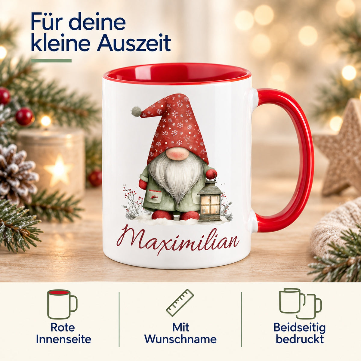 Personalisierte Weihnachtswichtel-Tasse Laternenlicht mit roter Innenseite und rotem Henkel – Produktdetails: rote Innenseite, Wunschname, beidseitiger Druck