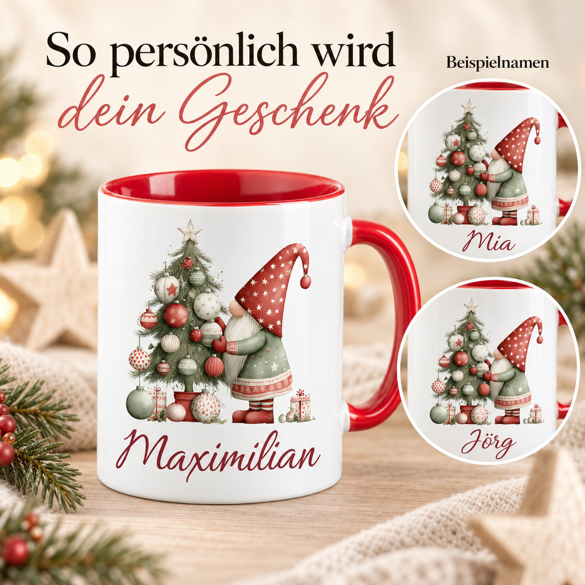 Personalisierte Weihnachtswichtel-Tasse Weihnachtsbaum mit roter Innenseite und rotem Henkel – Namensbeispiele Maximilian, Mia und Jörg