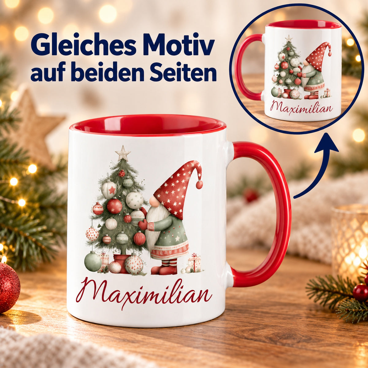 Personalisierte Weihnachtswichtel-Tasse Weihnachtsbaum mit roter Innenseite und rotem Henkel – beidseitiger Druck mit Detailansicht