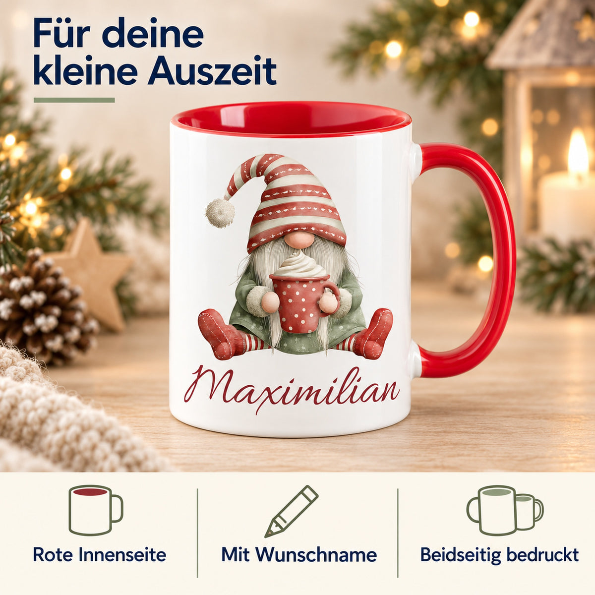 Personalisierte Weihnachtswichtel-Tasse Kakaozeit mit roter Innenseite und rotem Henkel – Produktdetails: rote Innenseite, Wunschname, beidseitiger Druck
