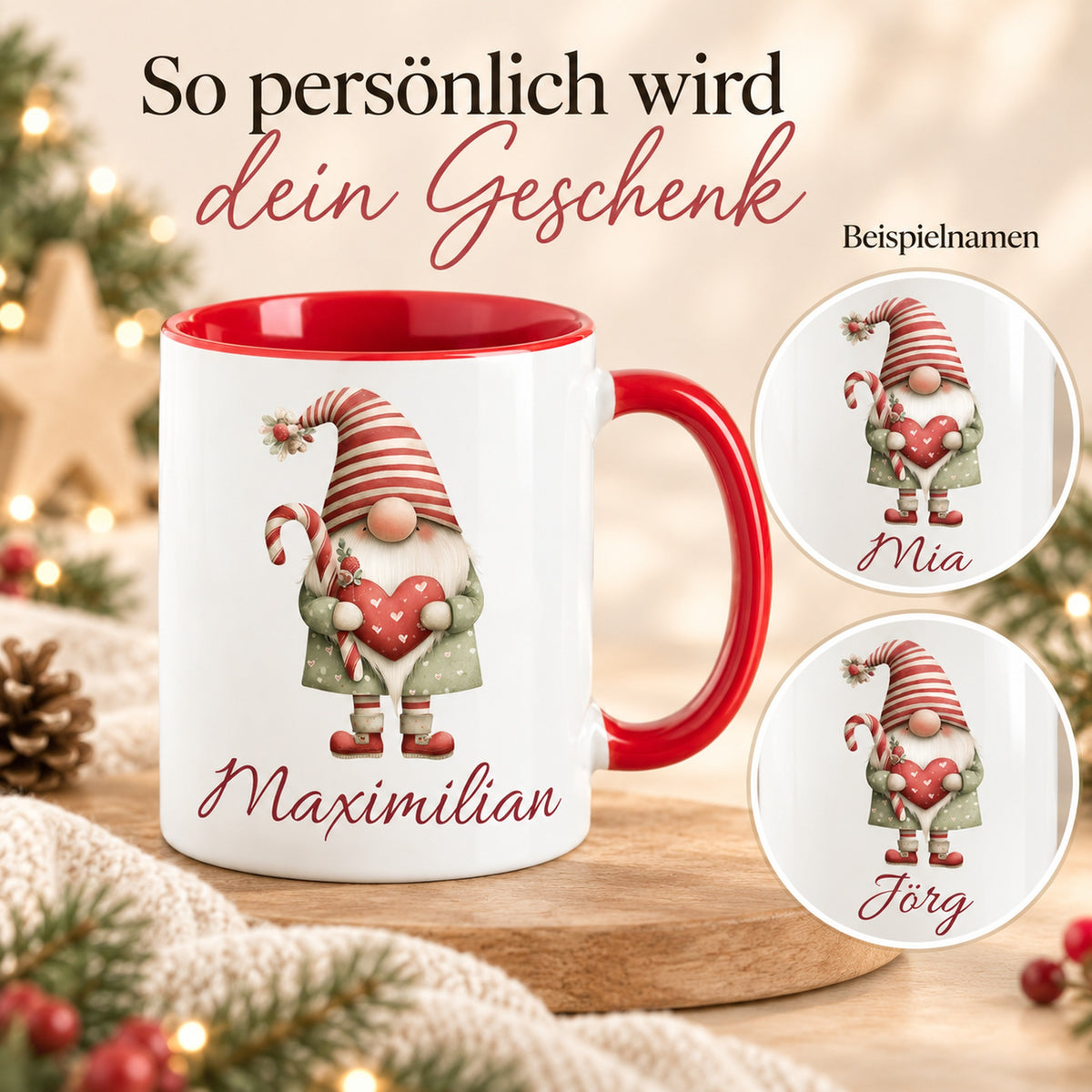 Personalisierte Weihnachtswichtel-Tasse Weihnachtsherz mit roter Innenseite und rotem Henkel – Namensbeispiele Maximilian, Mia und Jörg