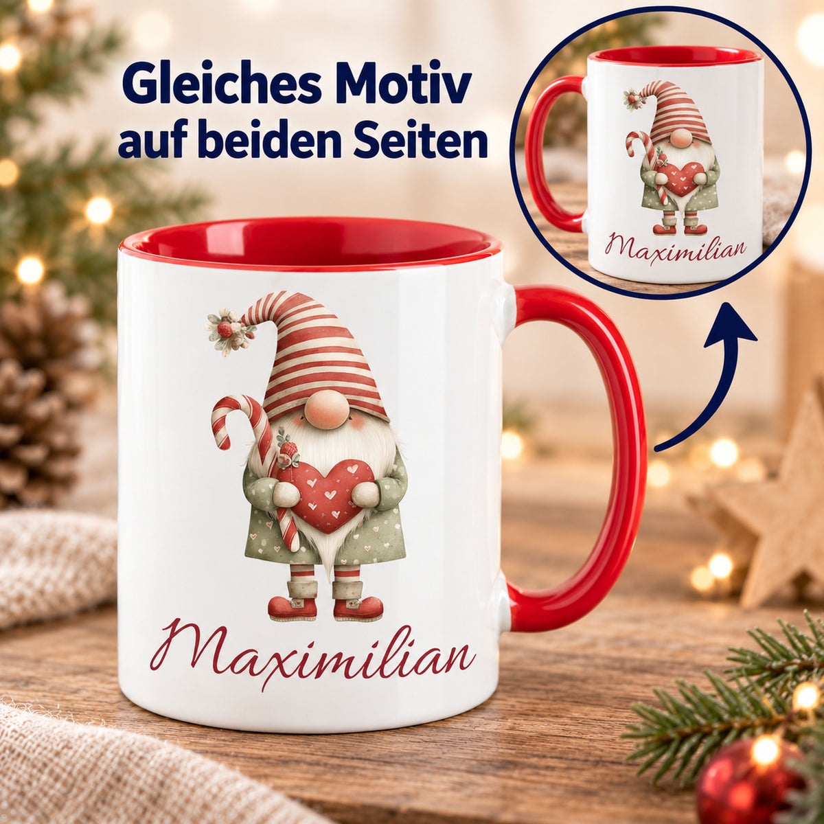 Personalisierte Weihnachtswichtel-Tasse Weihnachtsherz mit roter Innenseite und rotem Henkel – beidseitiger Druck mit Detailansicht