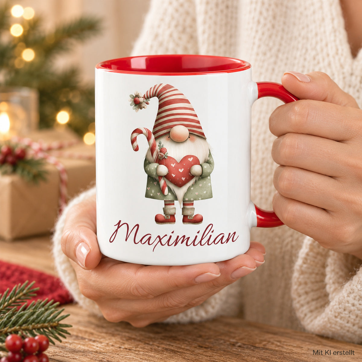 Personalisierte Weihnachtswichtel-Tasse Weihnachtsherz mit roter Innenseite und rotem Henkel – in erwachsenen Händen, mit KI erstellt