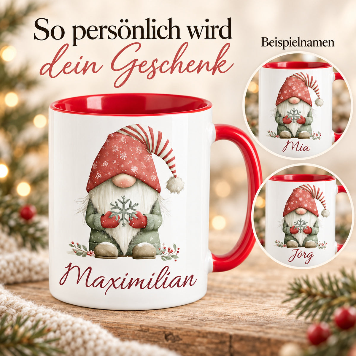 Personalisierte Weihnachtswichtel-Tasse Schneeflocke mit roter Innenseite und rotem Henkel – Namensbeispiele Maximilian, Mia und Jörg