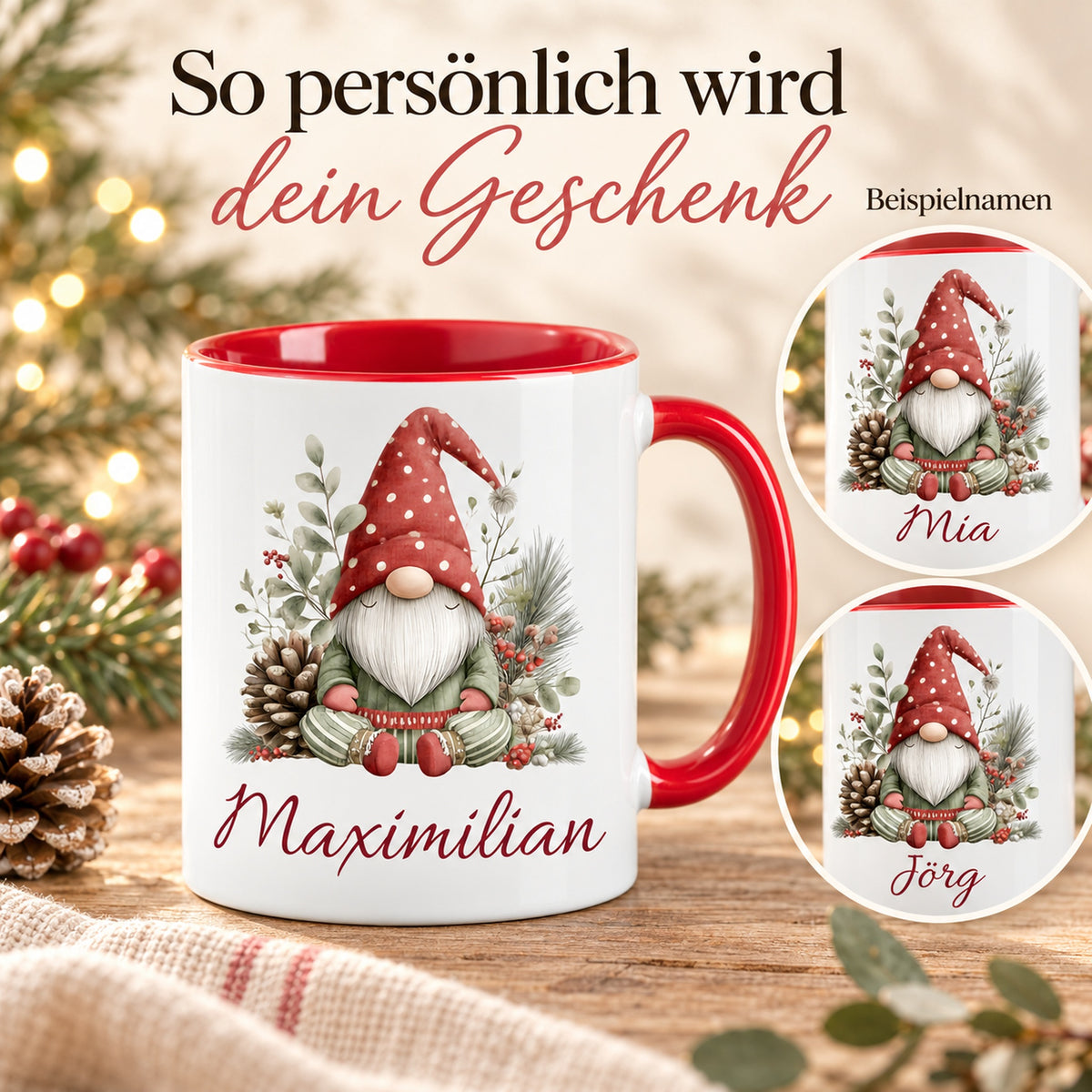 Personalisierte Weihnachtswichtel-Tasse Wintergrün mit roter Innenseite und rotem Henkel – Namensbeispiele Maximilian, Mia und Jörg