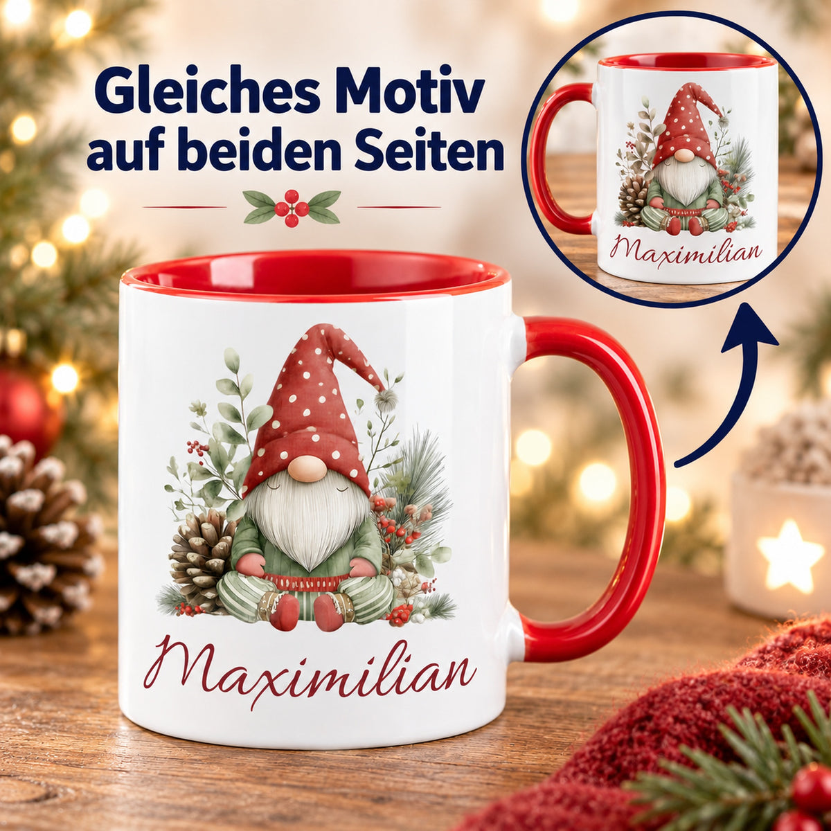 Personalisierte Weihnachtswichtel-Tasse Wintergrün mit roter Innenseite und rotem Henkel – beidseitiger Druck mit Detailansicht