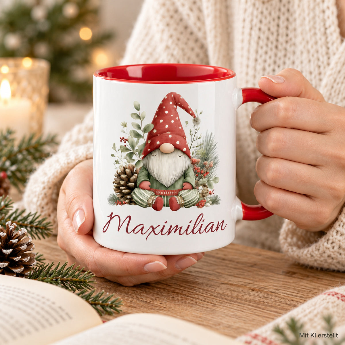 Personalisierte Weihnachtswichtel-Tasse Wintergrün mit roter Innenseite und rotem Henkel – in erwachsenen Händen, mit KI erstellt