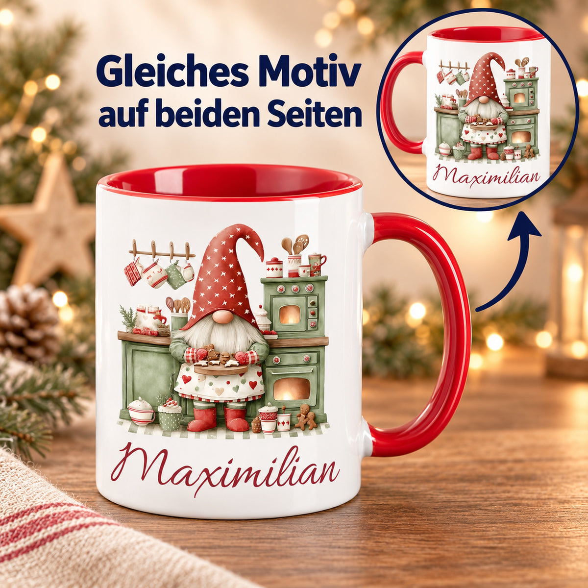 Personalisierte Weihnachtswichtel-Tasse Weihnachtsbäckerei mit roter Innenseite und rotem Henkel – beidseitiger Druck mit Detailansicht