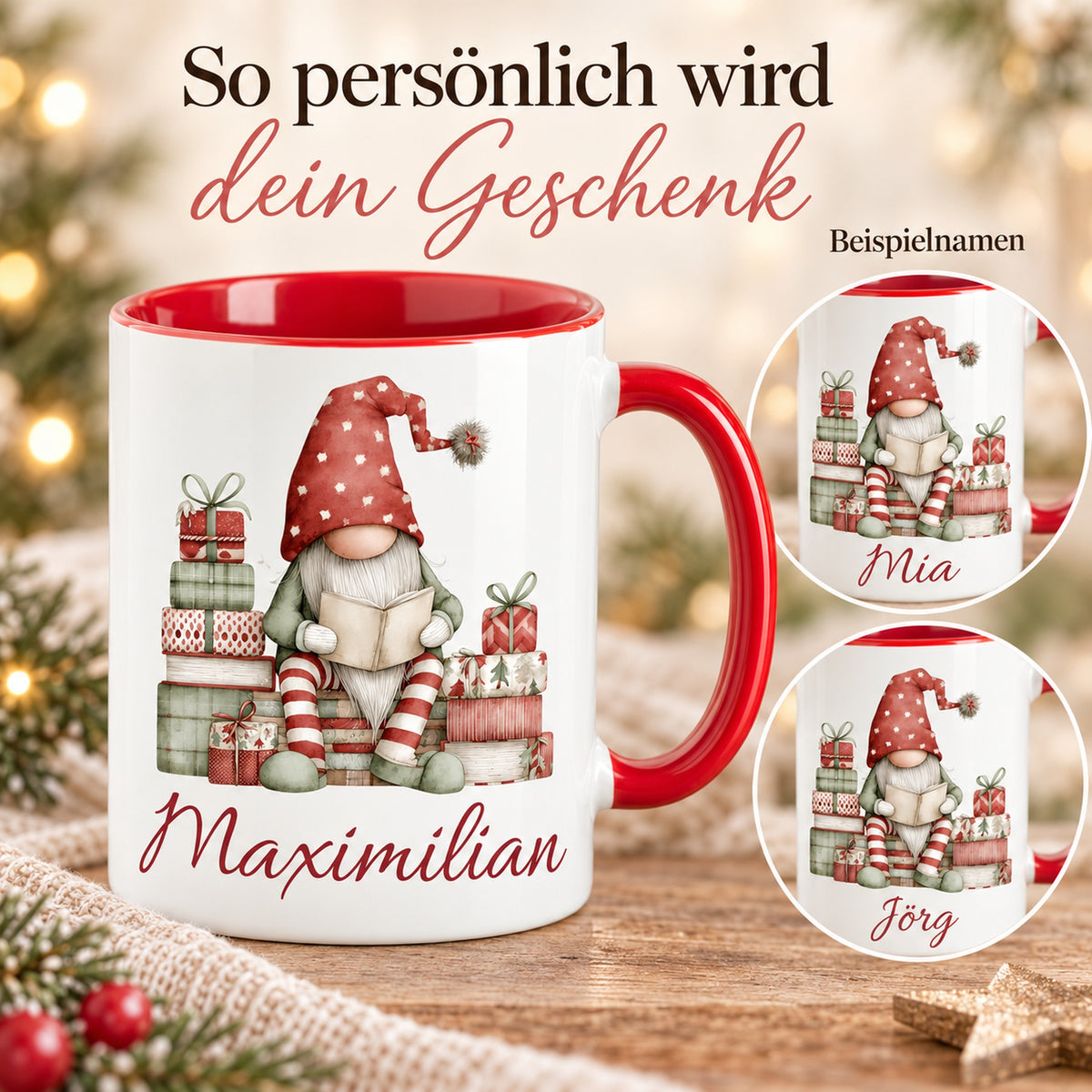 Personalisierte Weihnachtswichtel-Tasse Gemütliche Lesestunde mit roter Innenseite und rotem Henkel – Namensbeispiele Maximilian, Mia und Jörg