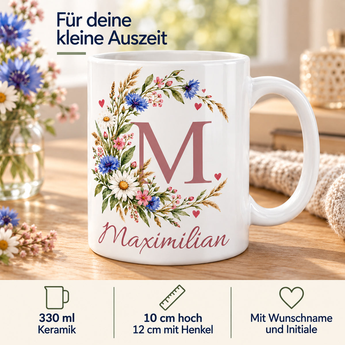 Weiße personalisierte Keramiktasse Wiesenbogen mit floralem Monogramm – Eigenschaften