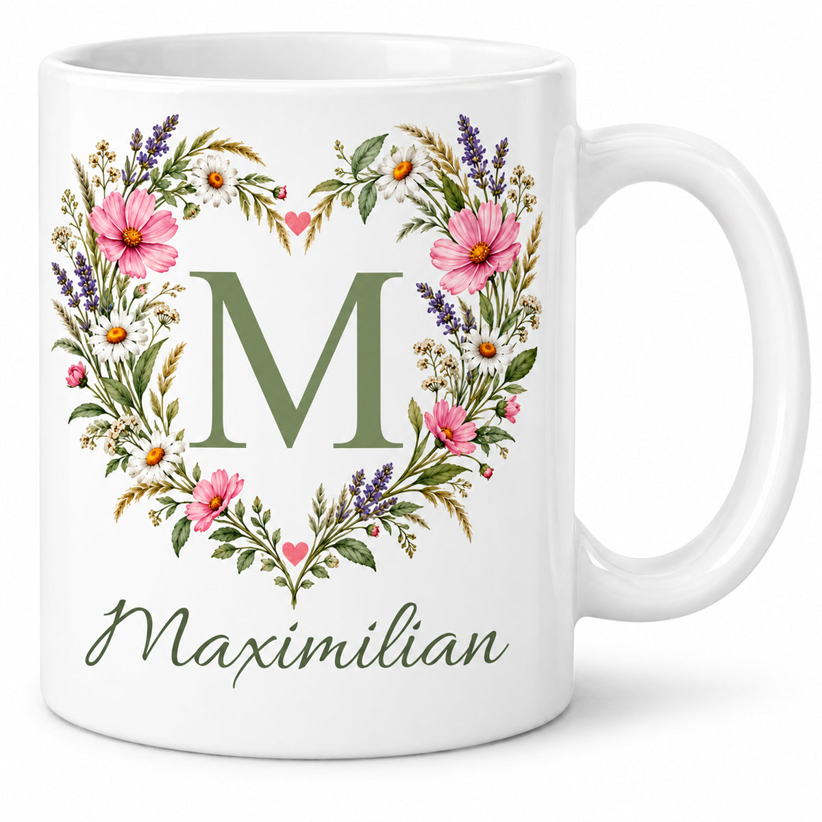 Weiße personalisierte Keramiktasse Blütenherz mit floralem Monogramm – Hauptansicht