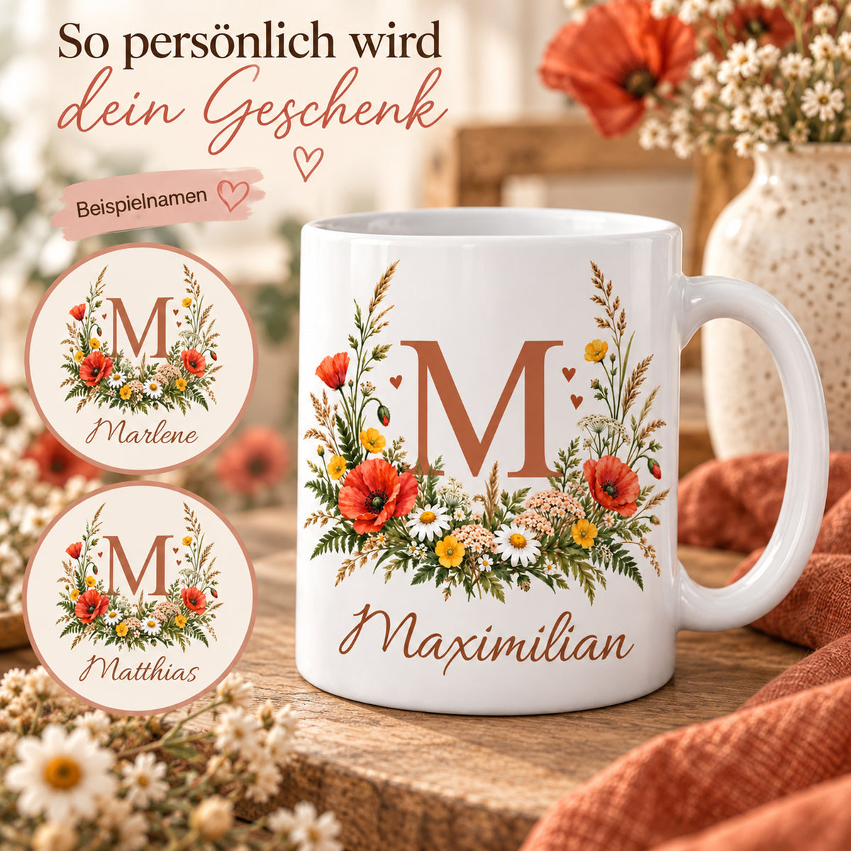 Weiße personalisierte Keramiktasse Wiesenstrauß mit floralem Monogramm – Personalisierungsbeispiele