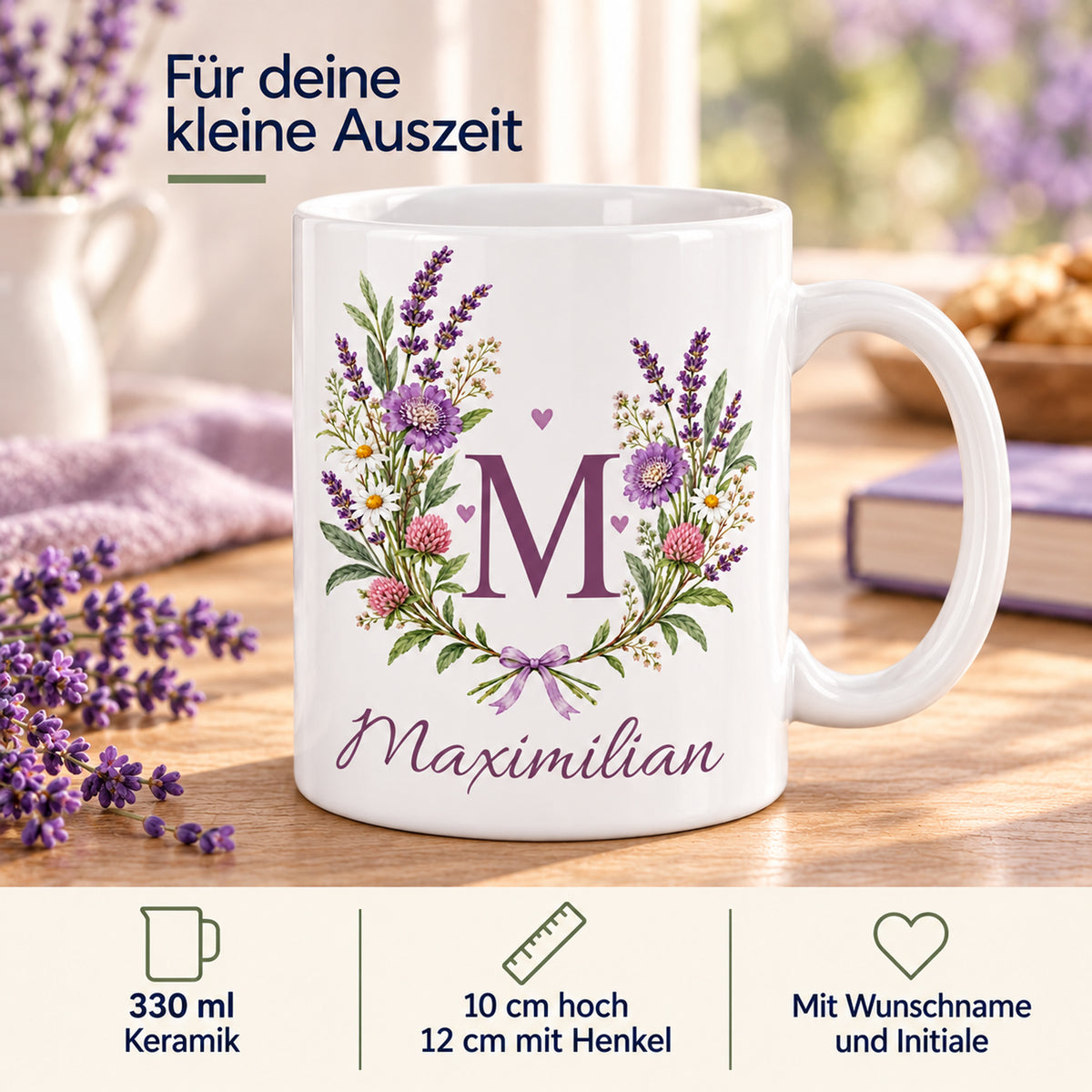 Weiße personalisierte Keramiktasse Lavendelduett mit floralem Monogramm – Eigenschaften