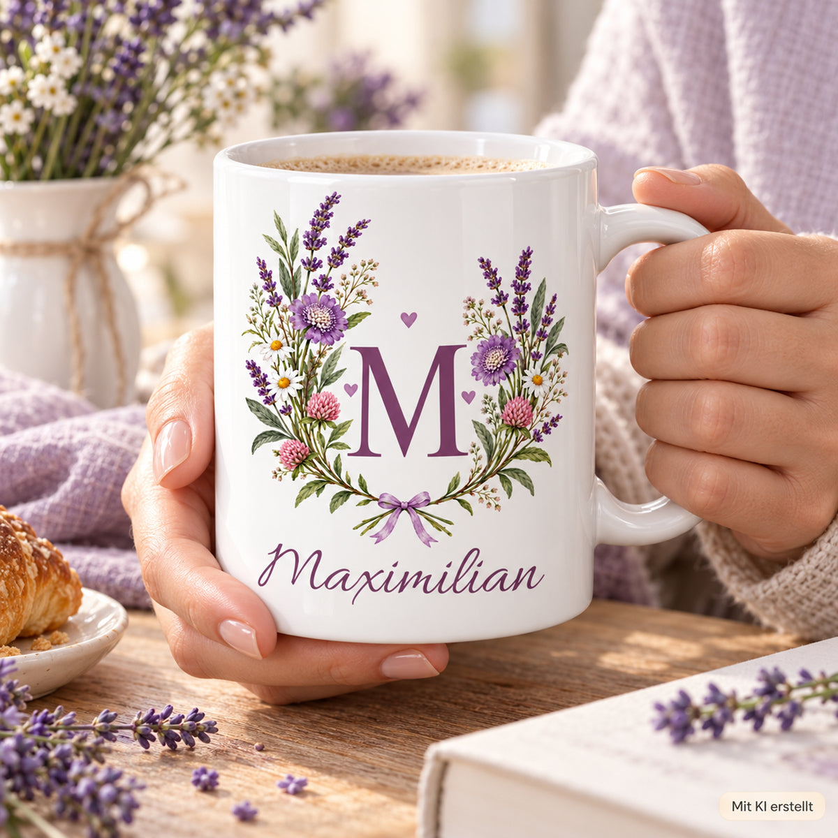 Weiße personalisierte Keramiktasse Lavendelduett mit floralem Monogramm – Nutzungsszene
