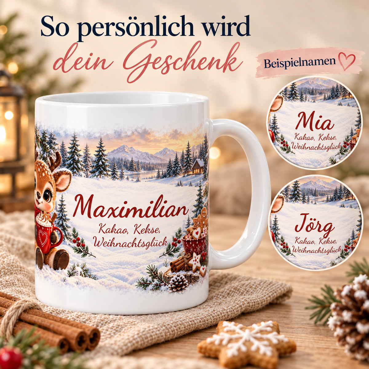 Weihnachtstasse Rentier mit Namen – Keramik, 330 ml – 05-personalization