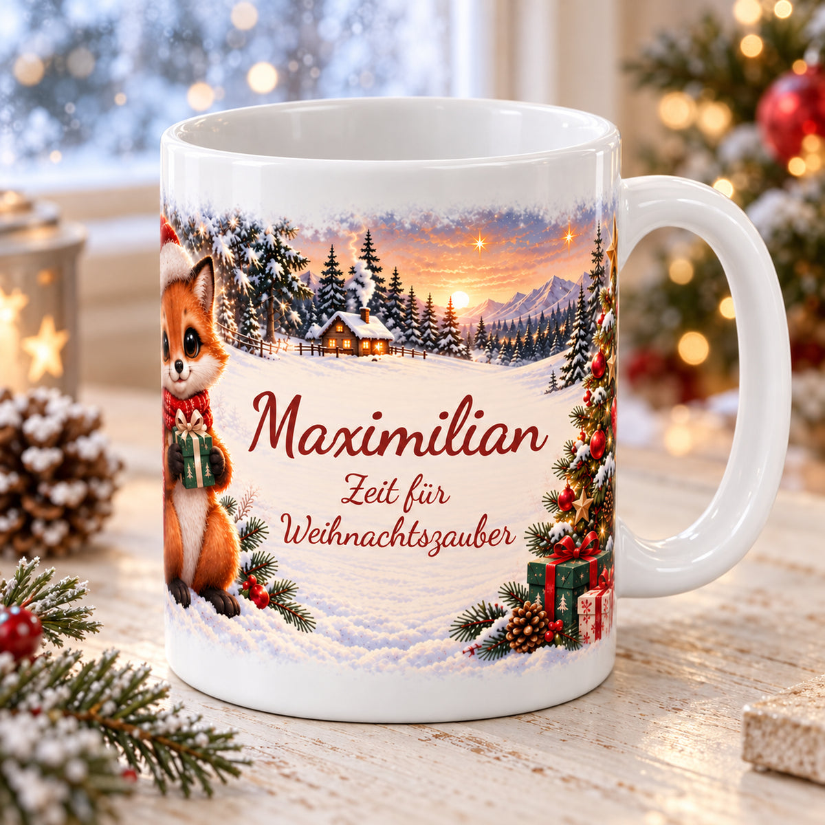 Weihnachtstasse Fuchs mit Namen – Keramik, 330 ml – 03-three-quarter-view