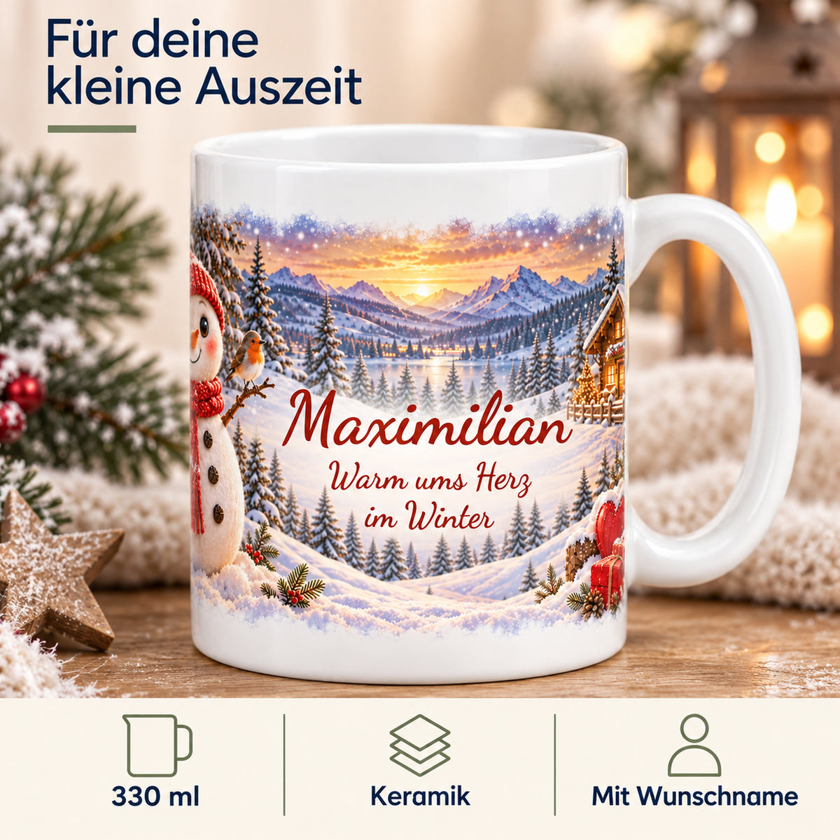 Weihnachtstasse Schneemann mit Namen – Keramik, 330 ml – 04-features-and-detail