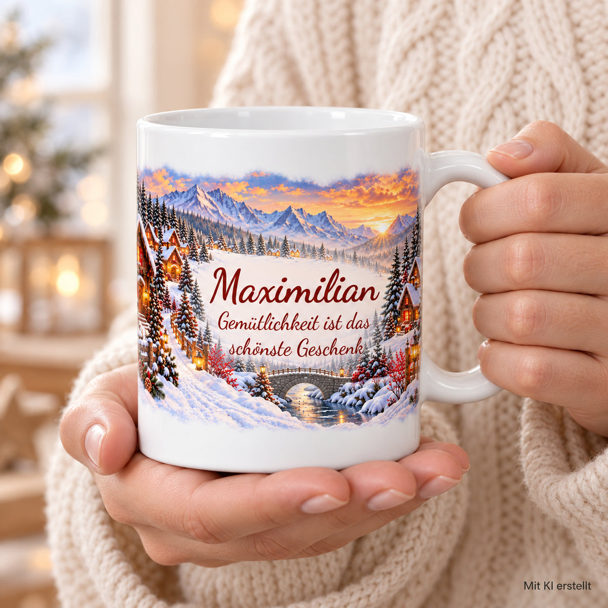 Weihnachtstasse Weihnachtsdorf mit Namen – Keramik, 330 ml – 07-person-using-product