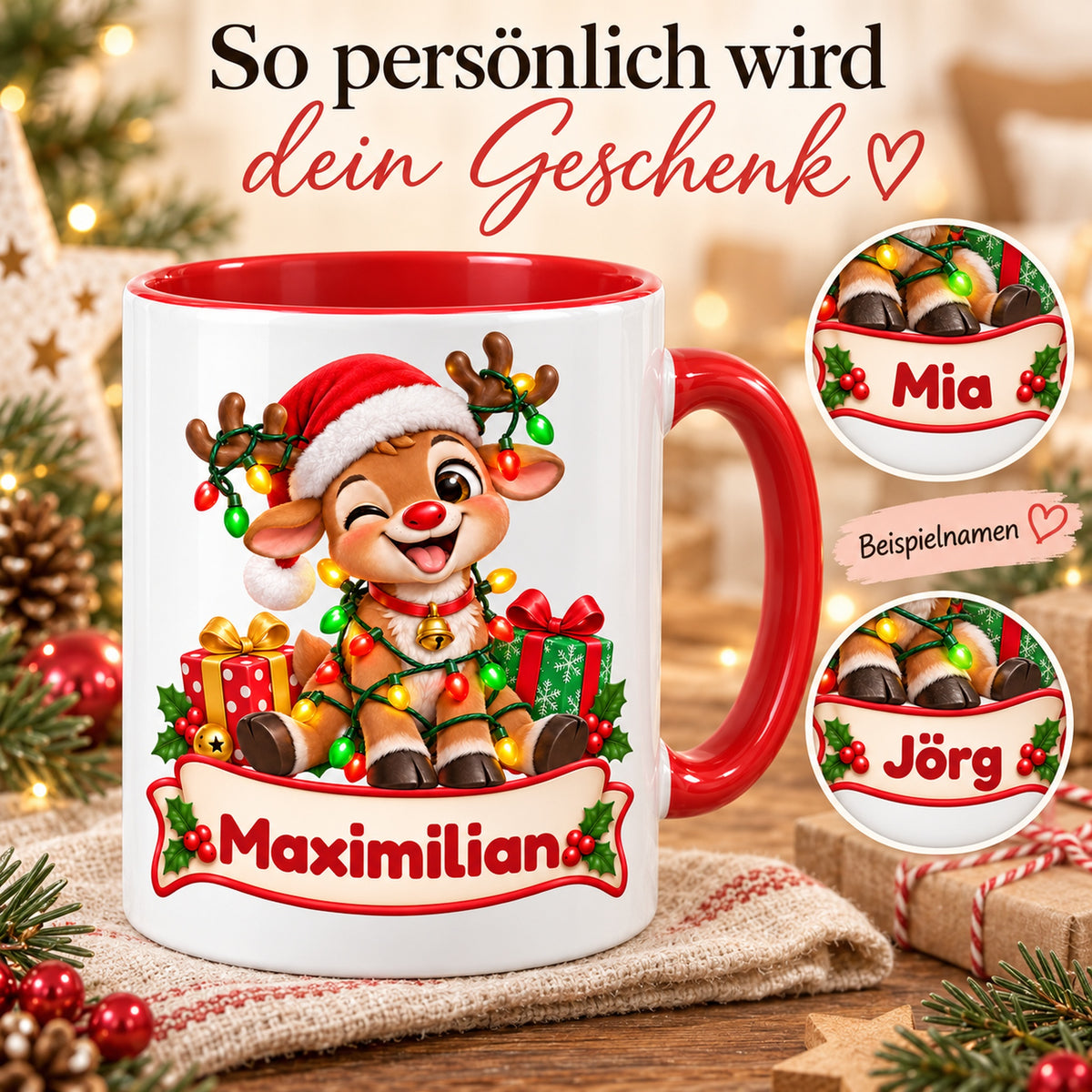 Personalisierte Weihnachtstasse Rentier im Lichterketten-Knoten, außen weiß mit rotem Henkel und roter Innenseite – Personalisierung mit Maximilian, Mia und Jörg.
