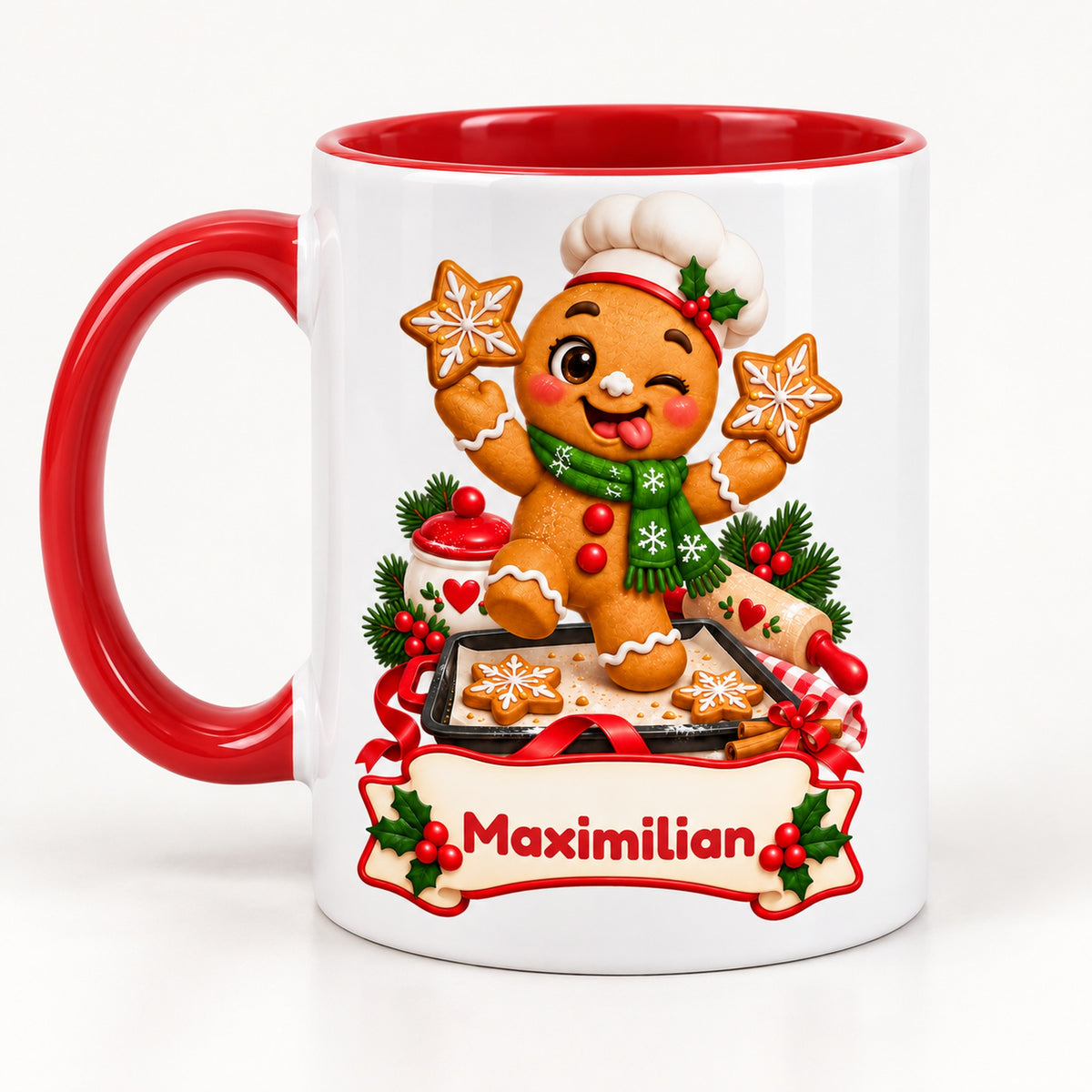 Personalisierte Weihnachtstasse Lebkuchenmann beim Backen, außen weiß mit rotem Henkel und roter Innenseite – andere Druckseite.