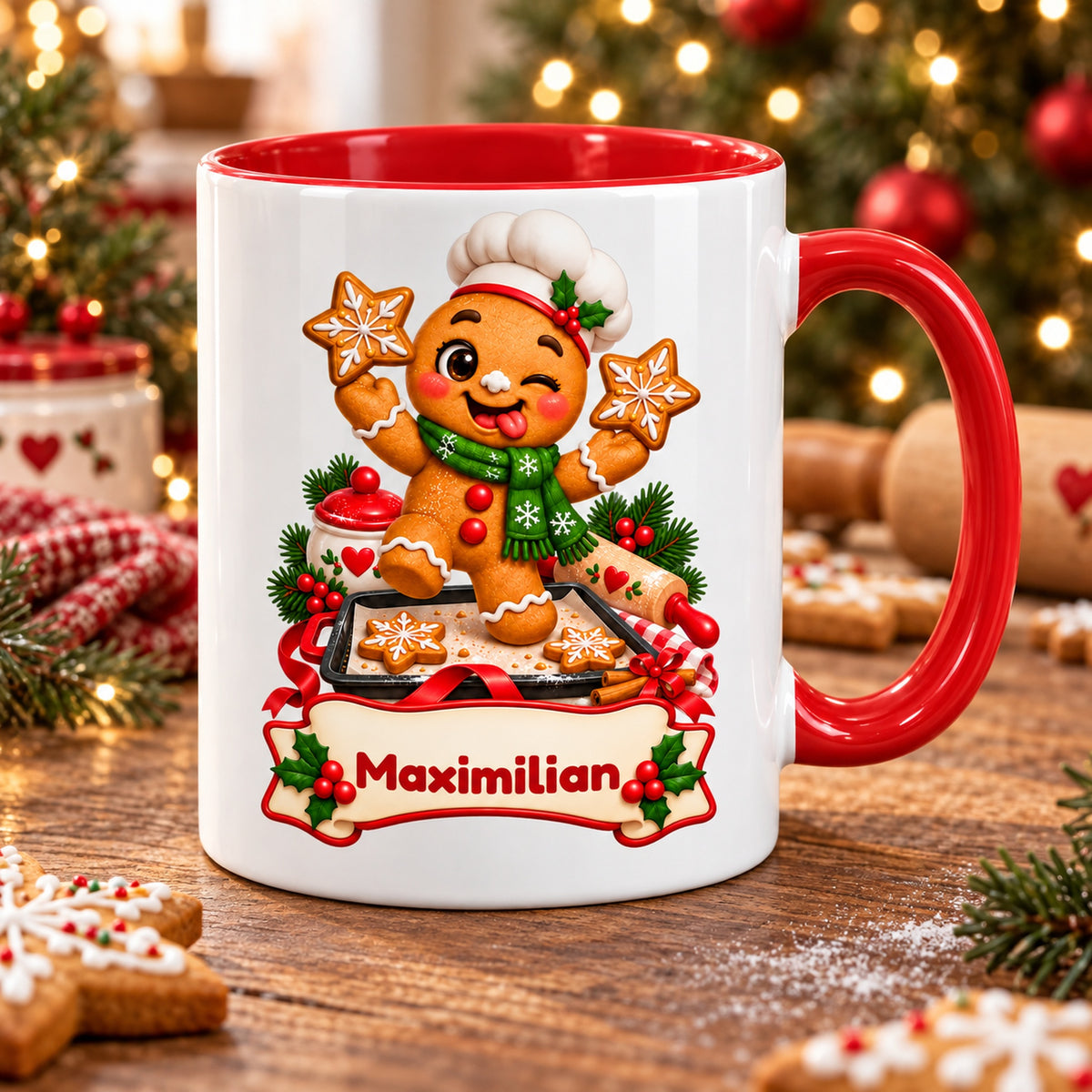 Personalisierte Weihnachtstasse Lebkuchenmann beim Backen, außen weiß mit rotem Henkel und roter Innenseite – Tasse in weihnachtlicher Dekoration.
