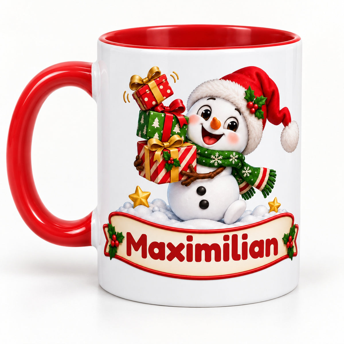 Personalisierte Weihnachtstasse Schneemann mit schiefer Mütze, außen weiß mit rotem Henkel und roter Innenseite – andere Druckseite.
