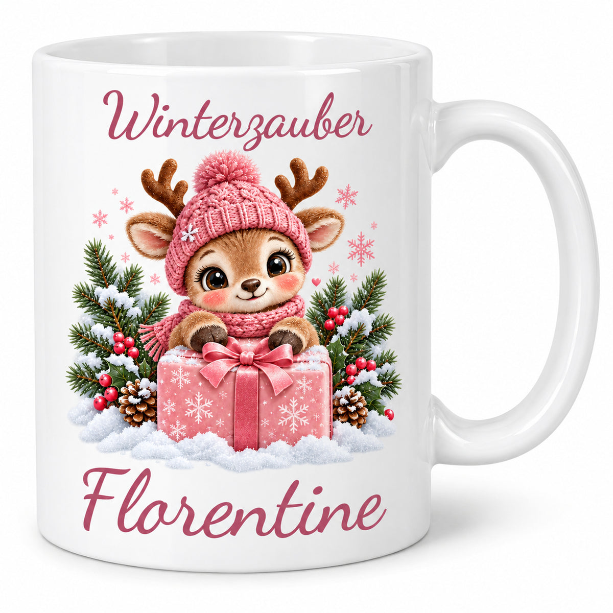 Tasse Rentier mit Namen – Mit Geschenk Rosa – Produktansicht 1, Beispielname Florentine