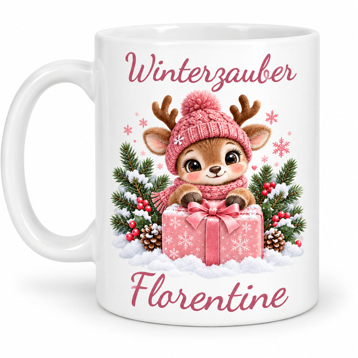 Tasse Rentier mit Namen – Mit Geschenk Rosa – Produktansicht 2, Beispielname Florentine