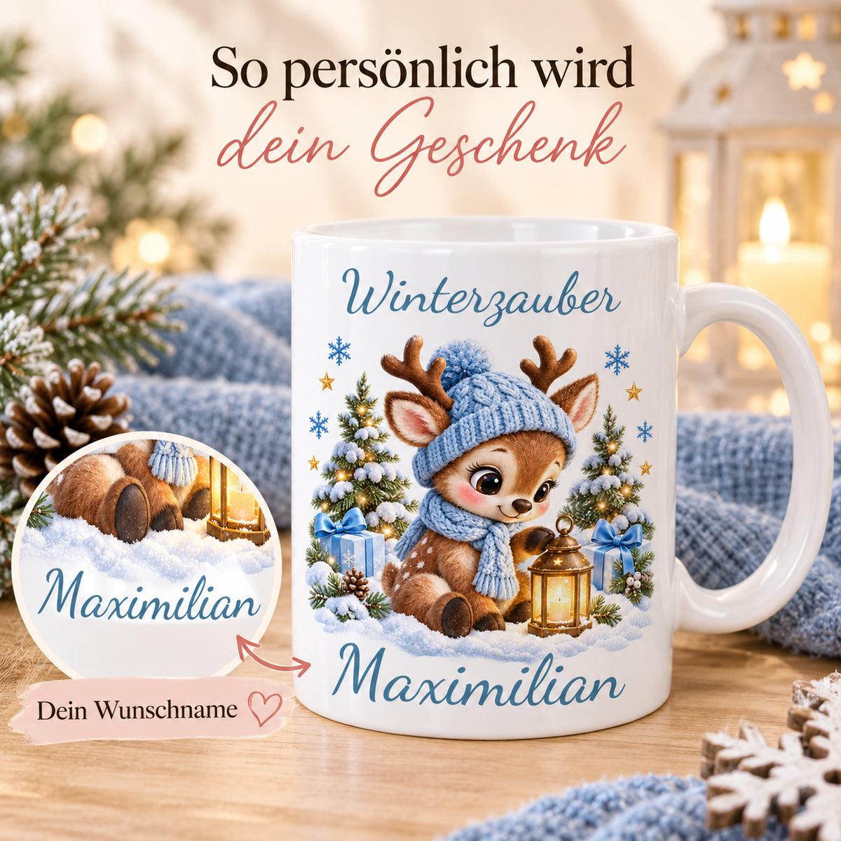 Tasse Rentier mit Namen – Mit Laterne Hellblau – Produktansicht 5, Beispielname Maximilian