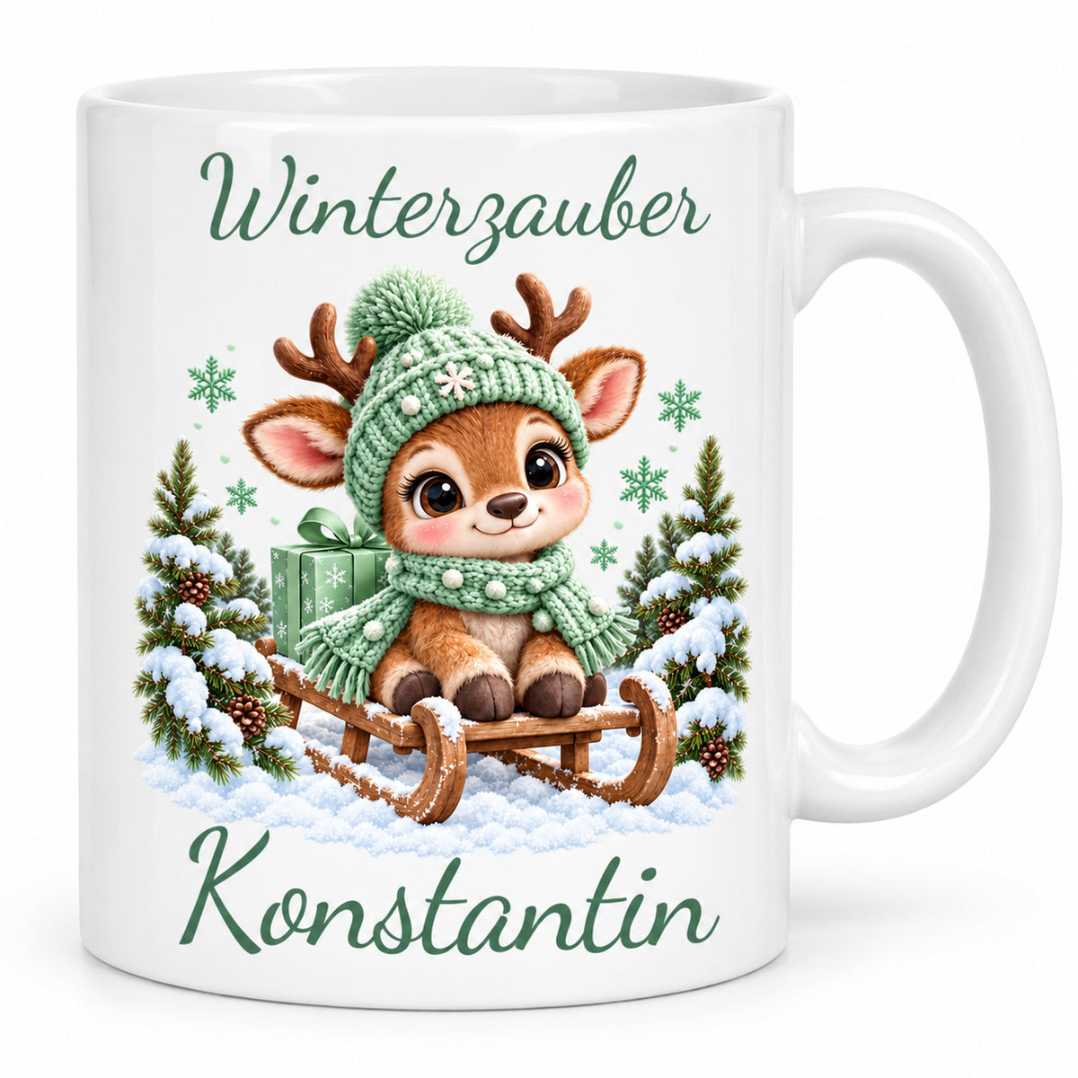 Tasse Rentier mit Namen – Auf Schlitten Mint – Produktansicht 1, Beispielname Konstantin