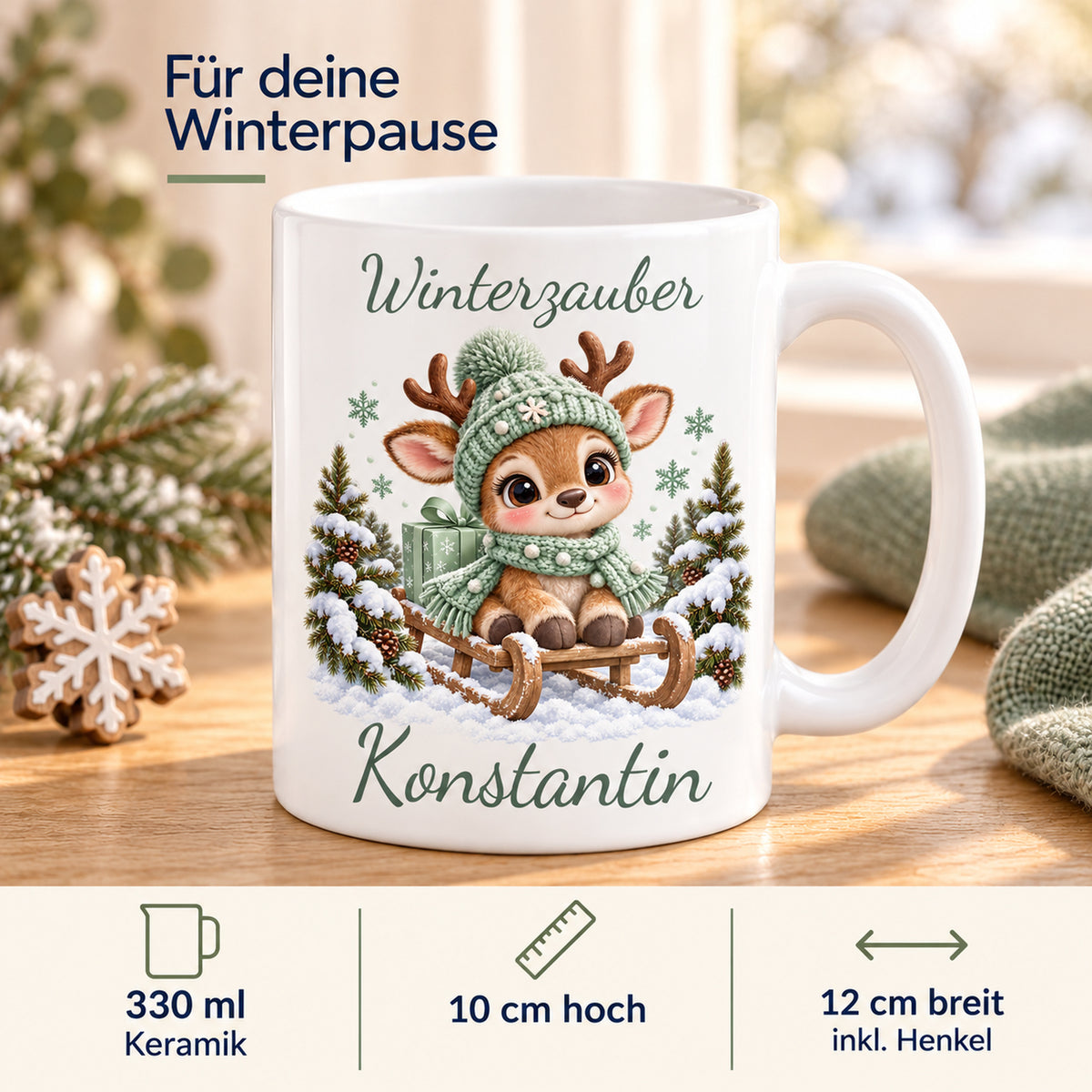 Tasse Rentier mit Namen – Auf Schlitten Mint – Produktansicht 4, Beispielname Konstantin