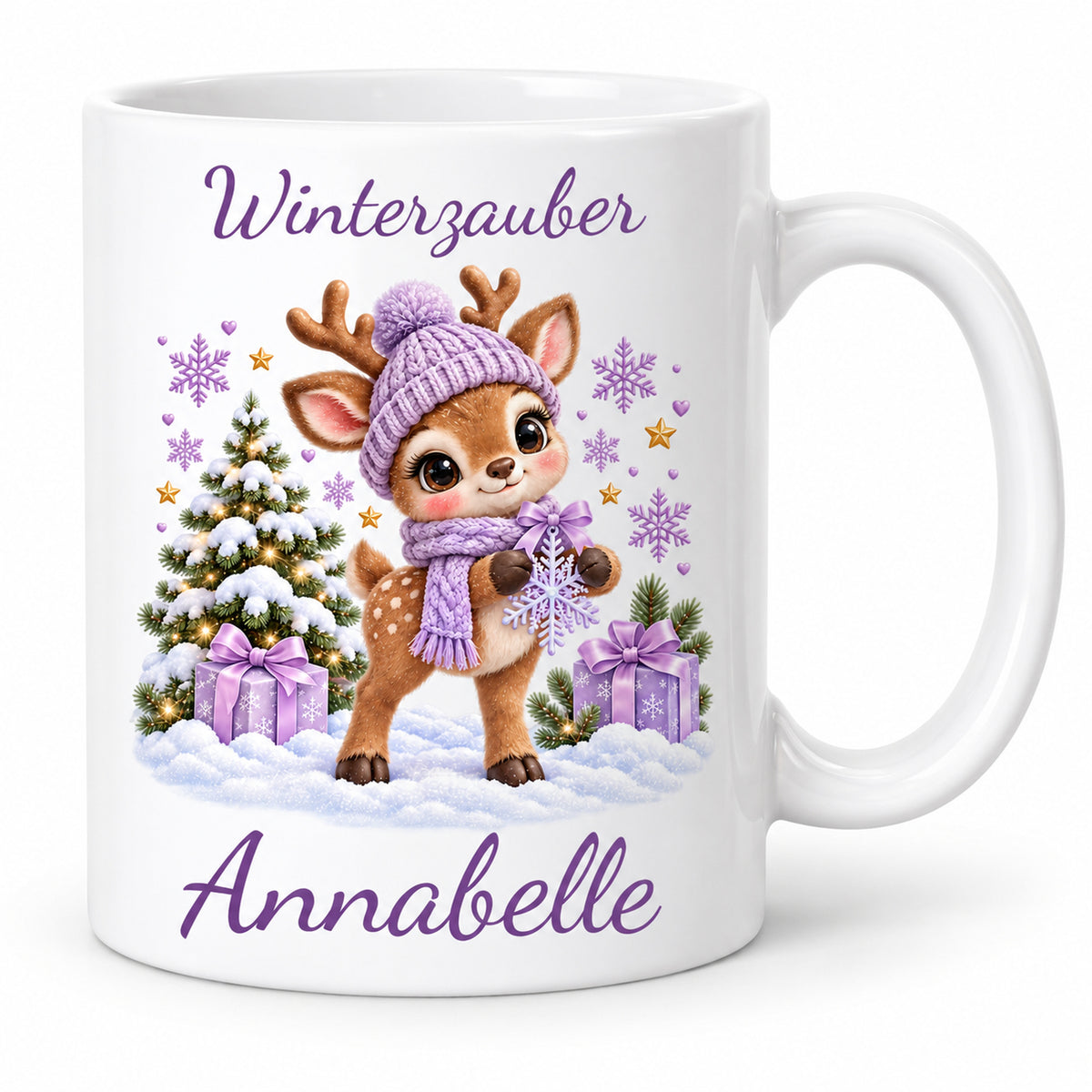 Tasse Rentier mit Namen – Mit Schneeflocke Flieder – Produktansicht 1, Beispielname Annabelle