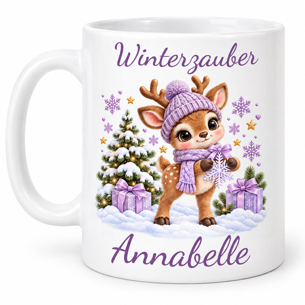 Tasse Rentier mit Namen – Mit Schneeflocke Flieder – Produktansicht 2, Beispielname Annabelle
