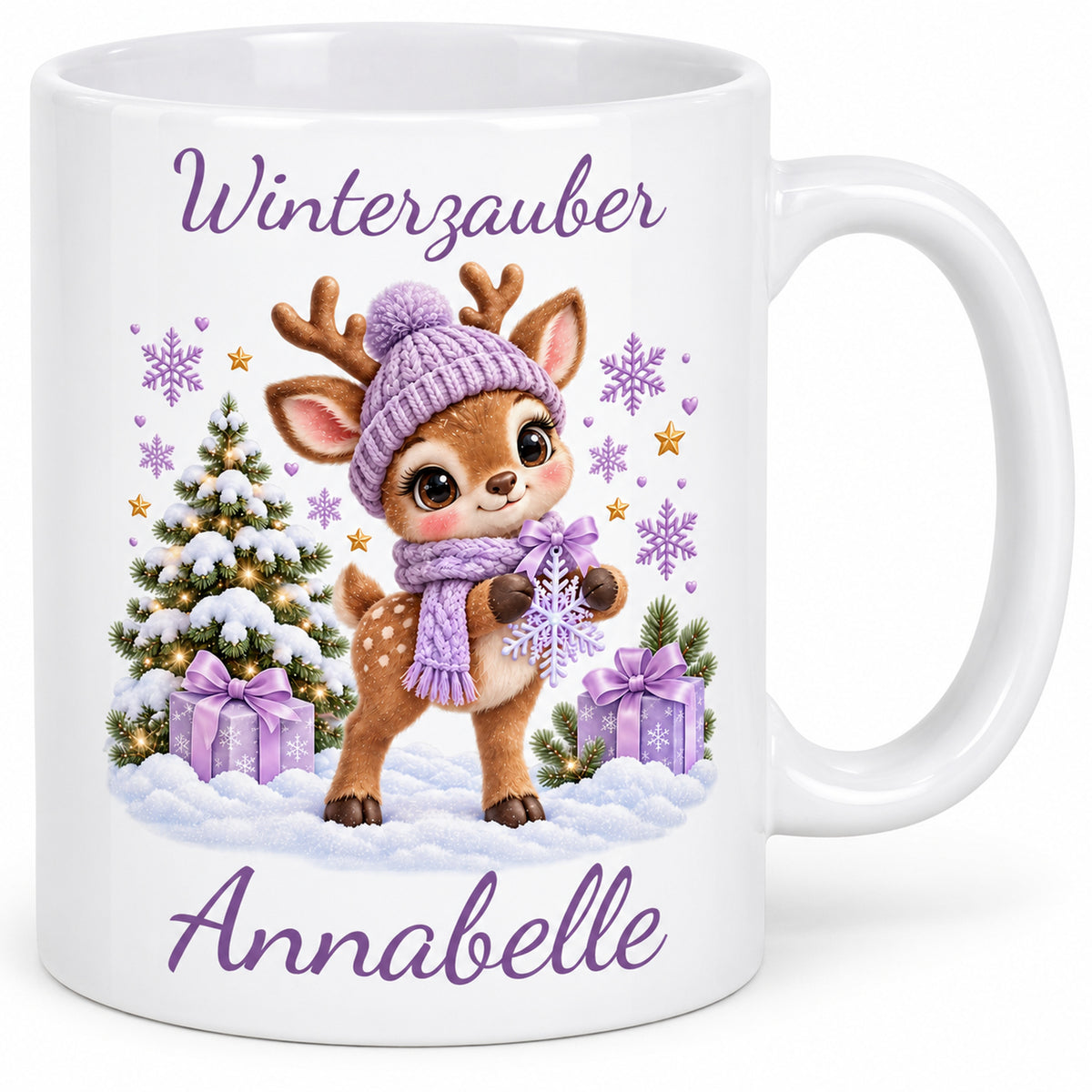 Tasse Rentier mit Namen – Mit Schneeflocke Flieder – Produktansicht 3, Beispielname Annabelle