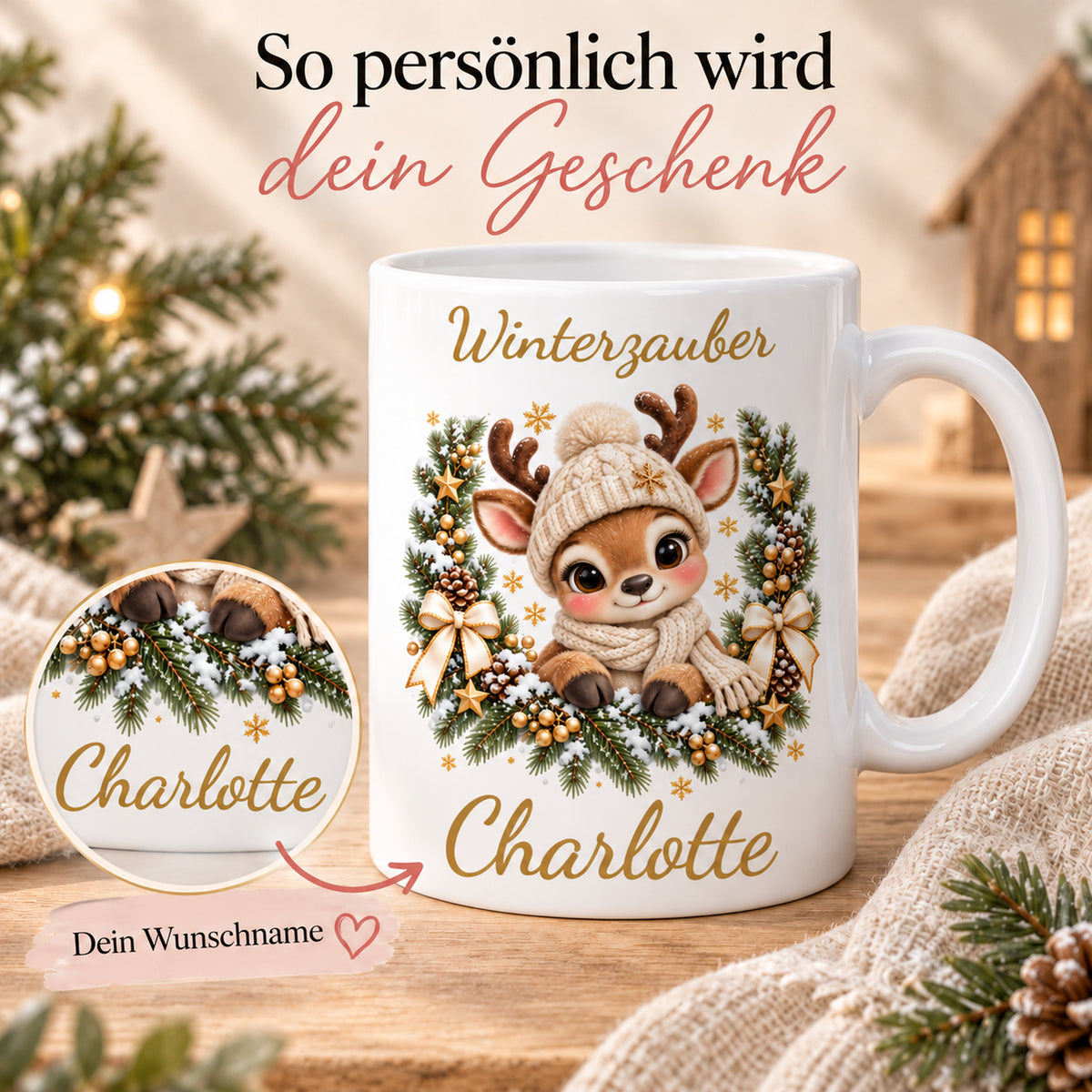 Tasse Rentier mit Namen – Im Winterkranz Creme/Gold – Produktansicht 5, Beispielname Charlotte