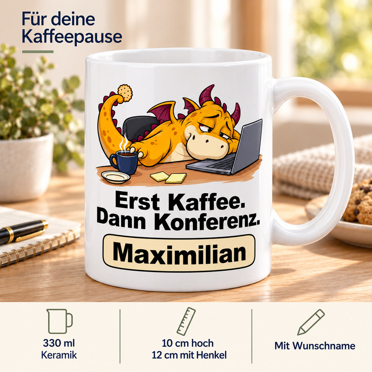 Personalisierte weiße Drachentasse mit Gelber Konferenzdrache, Spruch „Erst Kaffee. Dann Konferenz.“ und Wunschname – Produktdaten