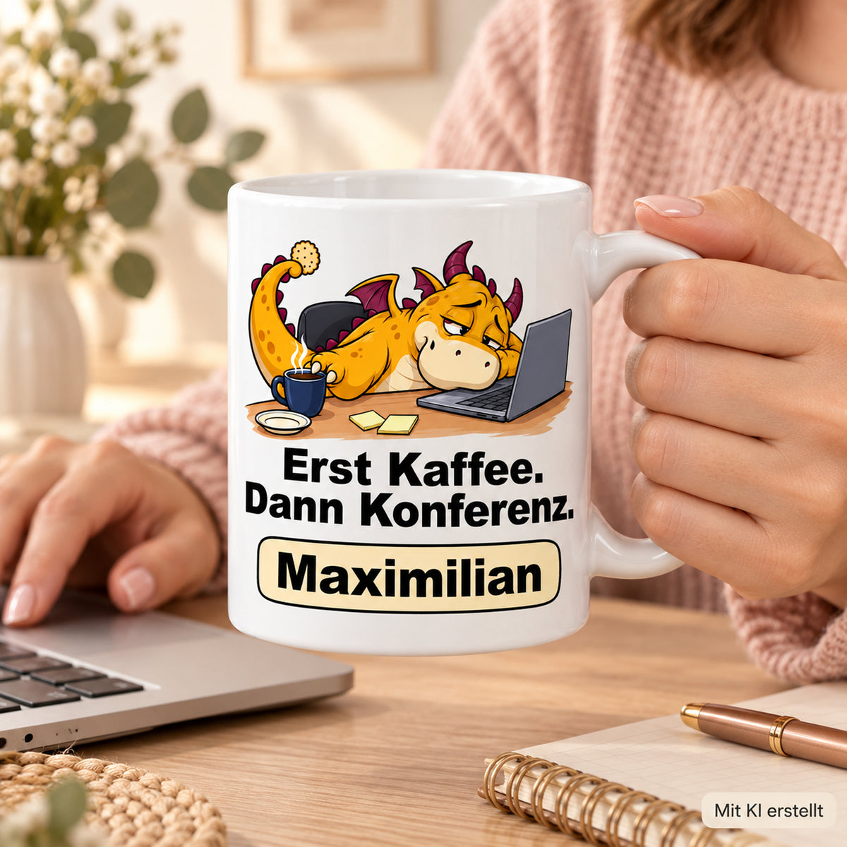 Personalisierte weiße Drachentasse mit Gelber Konferenzdrache, Spruch „Erst Kaffee. Dann Konferenz.“ und Wunschname – Händeszene